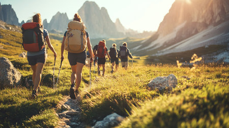 Group of hikers walking in the mountains. Group of hikers with backpacks