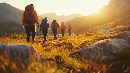 Group of hikers walking in the mountains at sunset. Hikers with backpacks on the trail.