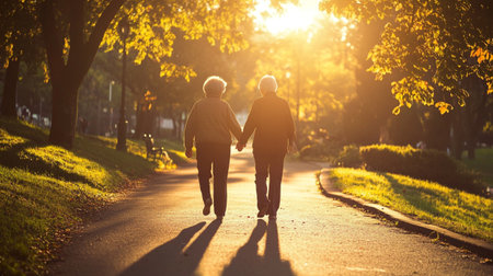 Senior couple walking in the park at sunset. Elderly couple holding hands.の写真素材
