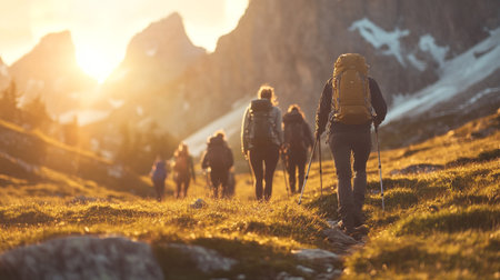 Group of hikers trekking in mountains at sunset. Group of hikers with backpacks hiking in nature.