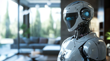 3d rendering humanoid robot working in modern office or living room.
