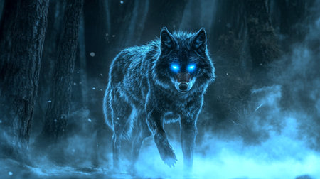 3D rendering of a wolf in a dark forest with blue lights