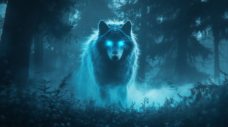Wolf in the dark forest. 3D Rendering