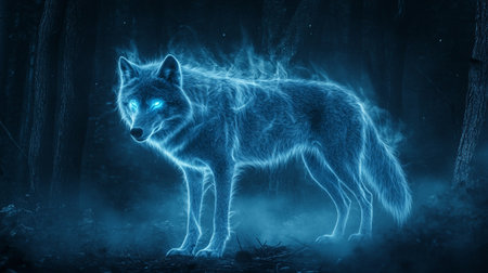 Digital composite of wolf in the forest with blue lights and fog.の写真素材