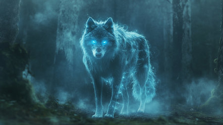 Fantasy wolf in the dark forest. 3D rendering illustration.