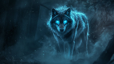 Illustration of a wolf in the dark forest, 3d rendering
