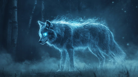 Digital composite of Wolf in the forest with fog and light trails.