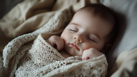 Cute newborn baby sleeping on a soft blanket. Soft focus.の写真素材