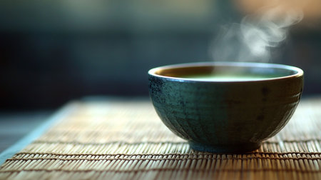 Cup of hot green tea on bamboo mat, shallow depth of field