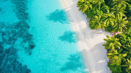 Aerial view of beautiful tropical beach and sea with coconut palm treeの写真素材