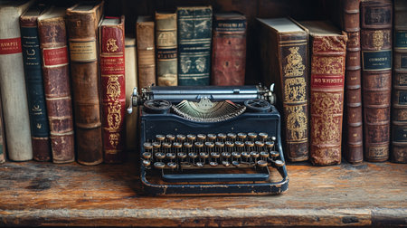 Vintage typewriter and old books on a wooden shelf. Retro styleの写真素材