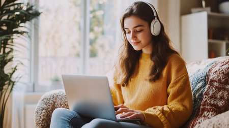 Young woman in headphones using laptop while sitting on sofa at home.のeditorial素材