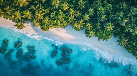 Aerial view of beautiful tropical beach and sea with coconut palm tree in paradise island