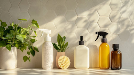 cosmetic bottles with green plant on white wall background, copy space