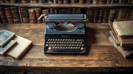 Vintage typewriter and old books on the bookshelf.