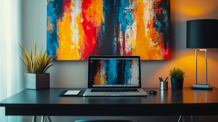 Modern workspace with laptop on black table