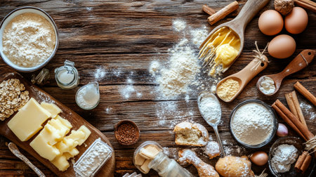 Baking ingredients on rustic wooden background with copy space, top viewの写真素材
