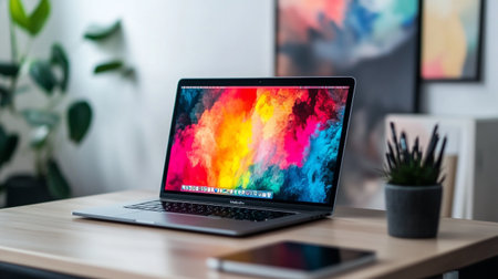 Laptop with colorful rainbow screen on the table in the office.