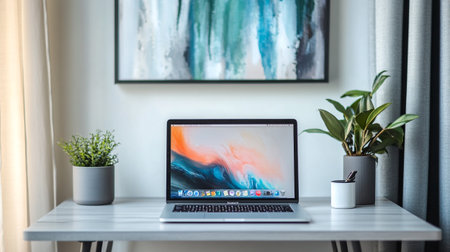 MacBook Pro Retina in modern home office environment.の写真素材