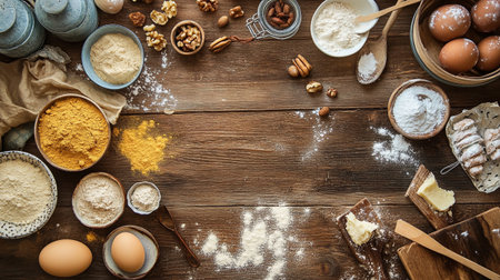 Baking background with ingredients and utensils on old wooden table