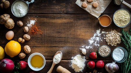 Baking ingredients on dark wooden background, top view, copy spaceの写真素材