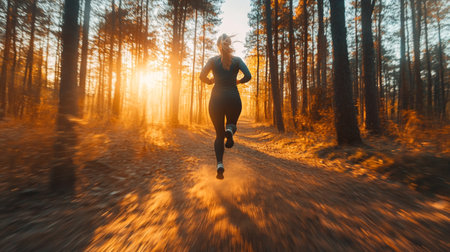 Athletic woman running in the forest at sunrise. Sport fitness model caucasian ethnicity training...