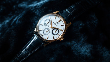 Wristwatch on a dark blue fur background. Luxury watch.
