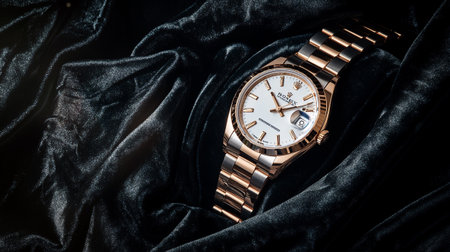 Wristwatch on black velvet background. Luxury wristwatch.