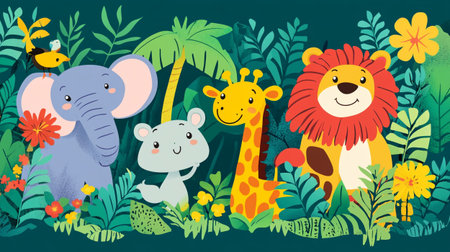 Cute cartoon animal seamless pattern with giraffe, elephant, hippo, monkey and birdの写真素材