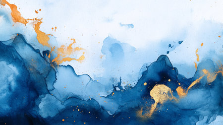 Blue and gold abstract watercolor background. Hand-drawn illustration.