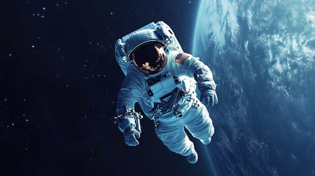 Astronaut spaceman do spacewalk while working for space station. Mixed media