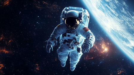 Astronaut spaceman do spacewalk while working for space station. Mixed media