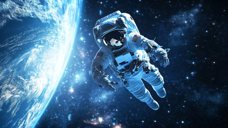 Astronaut spaceman do spacewalk while working for space station. Mixed media