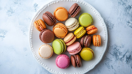 Multicolored macaroons in a white plate on a light backgroundの写真素材