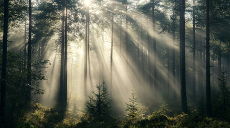 Misty morning in the woods. Sunrise in the forest. Sun rays through the trees.