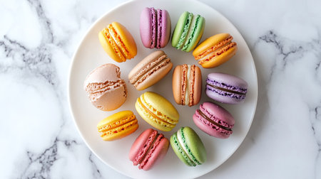 Colorful macaroons on white marble background, top view.