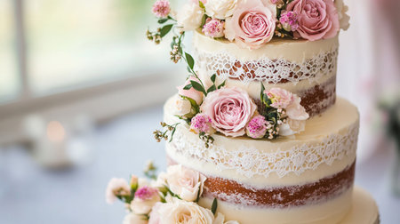 Wedding cake decorated with pink roses and eucalyptusの写真素材
