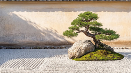 Bonsai tree in the Japanese garden with white wall background.