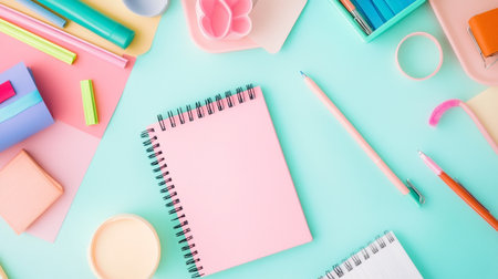 Top view of colorful stationery on blue background. Back to school concept