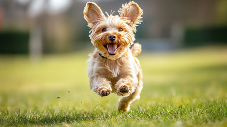 Yorkshire Terrier running on the grass in the park and jumpingの写真素材