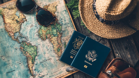 Vacation and travel concept. Passport, hat, sunglasses and map