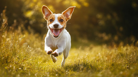 Funny Beagle dog running in the field at sunset.の写真素材