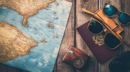 Vintage travel accessories on wooden background. Top view with copy space