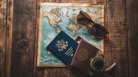 passport, sunglasses and map on a wooden table. travel conceptの写真素材