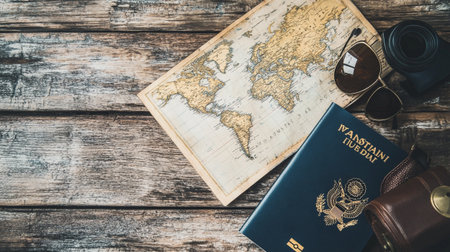 Passport, map and camera on wooden background. Travel concept.の写真素材