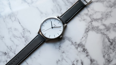 Wristwatch on white marble background, closeup. Time concept