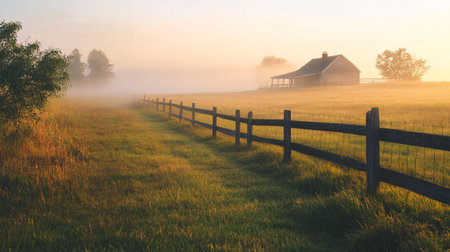 Foggy morning in the countryside. Rural landscape with wooden fence.