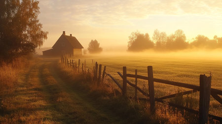 Beautiful rural landscape with old wooden house on the foggy meadowの写真素材