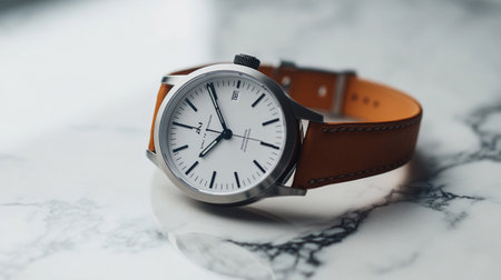 Men's wrist watch with brown leather strap on white marble background.