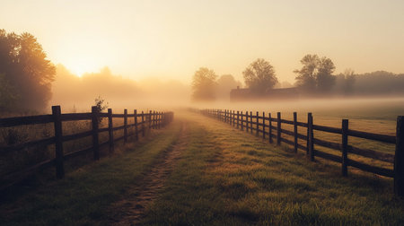 Foggy morning in the meadow with a wooden fence.の写真素材